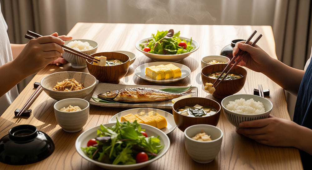 フリー素材 無料 写真｜木目テーブルに和朝食が並ぶ日本人家族の健康的な朝ごはんシーン 余白あり