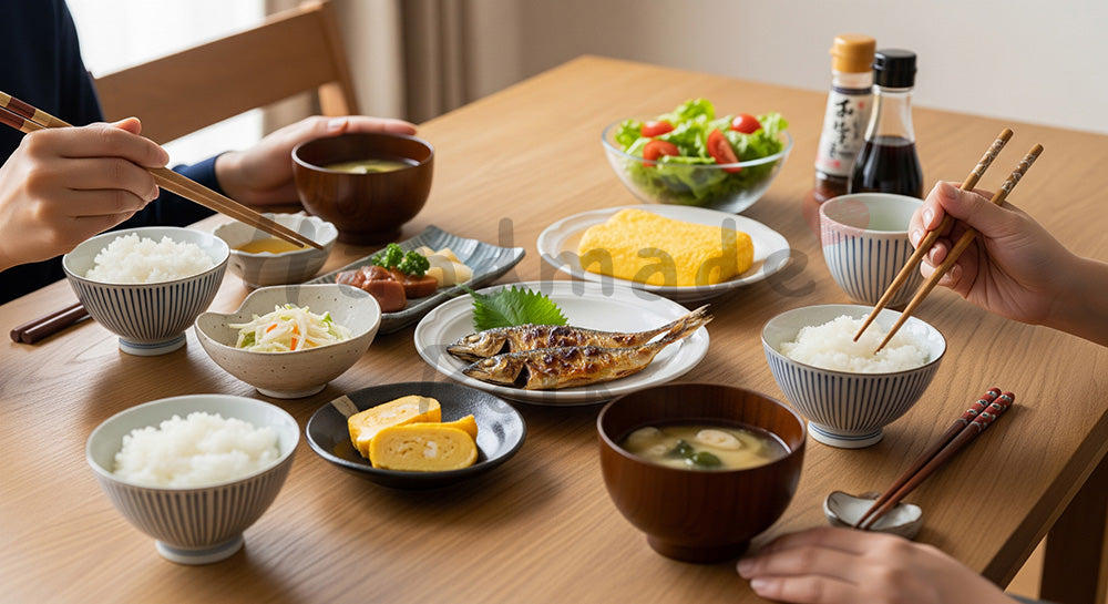 フリー素材 無料 写真｜木目テーブルに和朝食が並ぶ日本人家族の健康的な朝ごはんシーン 写真背景