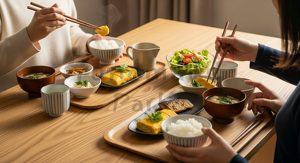 フリー素材 無料 写真｜木目テーブルに和朝食が並ぶ日本人家族の健康的な朝ごはんシーン