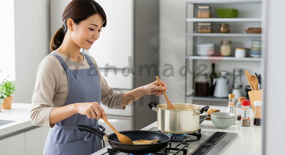 フリー素材 無料 写真｜味噌汁と焼き魚の朝食をキッチンで自炊する日本人女性