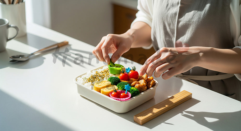 フリー素材 無料 写真｜高校生の子どものために彩りの良いお弁当を詰める日本人母親の手元シーン 余白あり