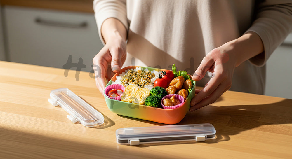 フリー素材 無料 写真｜高校生の子どものために彩りの良いお弁当を詰める日本人母親の手元シーン 写真背景