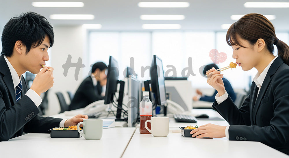 フリー素材 無料 写真｜オフィスのデスクでお弁当ランチを楽しむ日本人ビジネスパーソン コピースペースあり