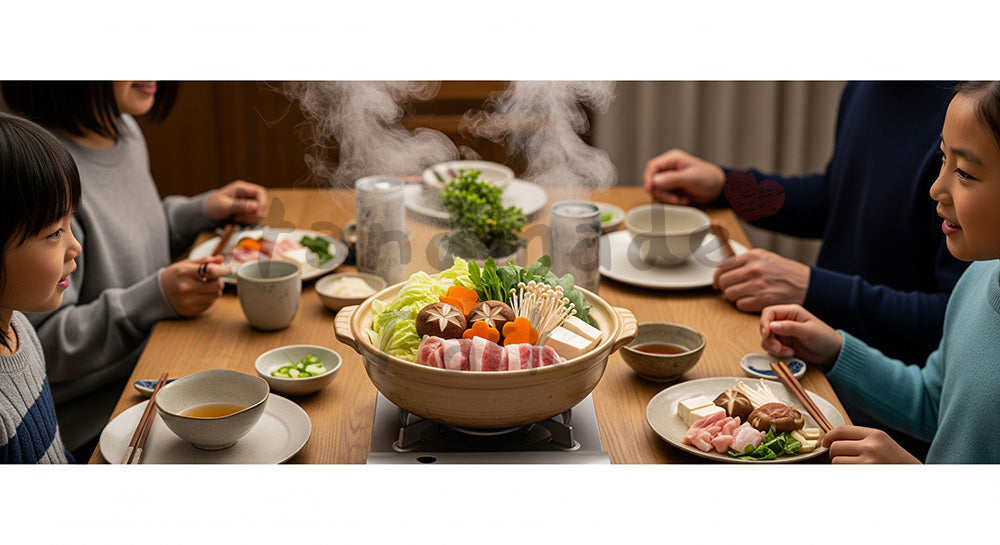 フリー素材 無料 写真｜湯気の立つ寄せ鍋を家族で囲む日本人家庭の冬の食卓（表現2）