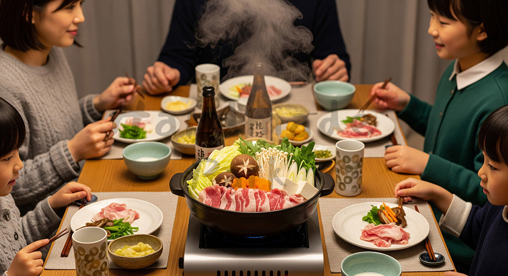 フリー素材 無料 写真｜湯気の立つ寄せ鍋を家族で囲む日本人家庭の冬の食卓 コピースペースあり