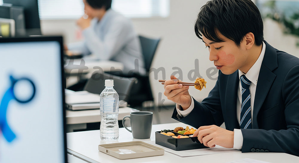 フリー素材 無料 写真｜オフィスのデスクでお弁当ランチを楽しむ日本人ビジネスパーソン 余白あり