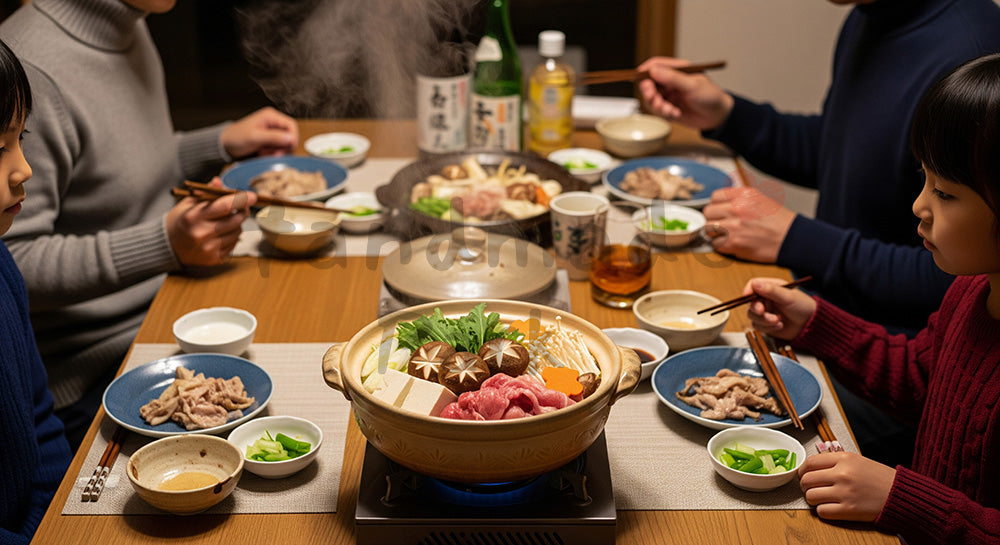 フリー素材 無料 写真｜湯気の立つ寄せ鍋を家族で囲む日本人家庭の冬の食卓 余白あり