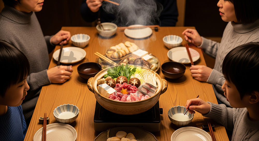 フリー素材 無料 写真｜湯気の立つ寄せ鍋を家族で囲む日本人家庭の冬の食卓 写真背景