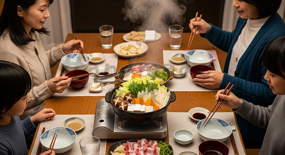 フリー素材 無料 写真｜湯気の立つ寄せ鍋を家族で囲む日本人家庭の冬の食卓