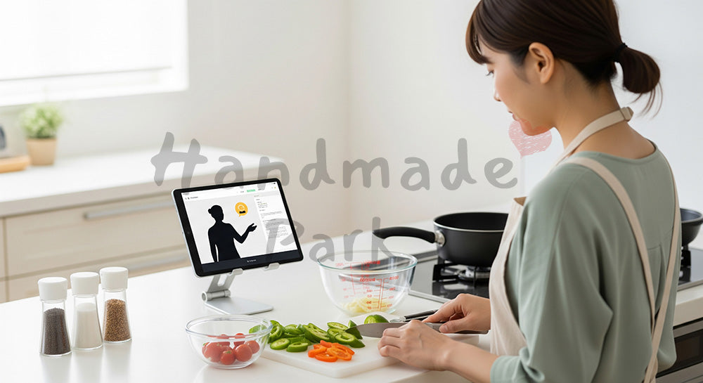 フリー素材 無料 写真｜タブレットでオンライン料理教室を受けながら自宅キッチンで調理する日本人女性 余白あり