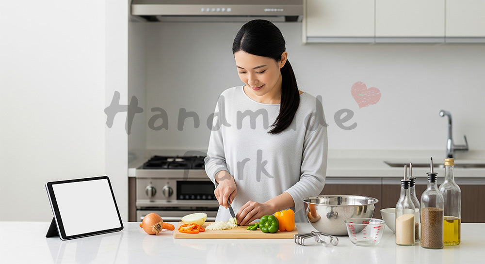 フリー素材 無料 写真｜タブレットでオンライン料理教室を受けながら自宅キッチンで調理する日本人女性 写真背景