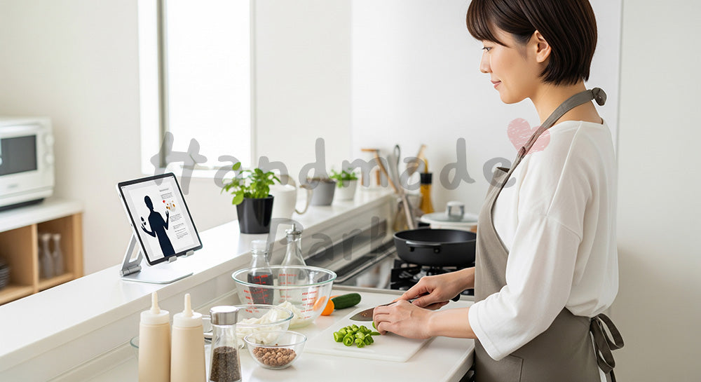 フリー素材 無料 写真｜タブレットでオンライン料理教室を受けながら自宅キッチンで調理する日本人女性 背景素材