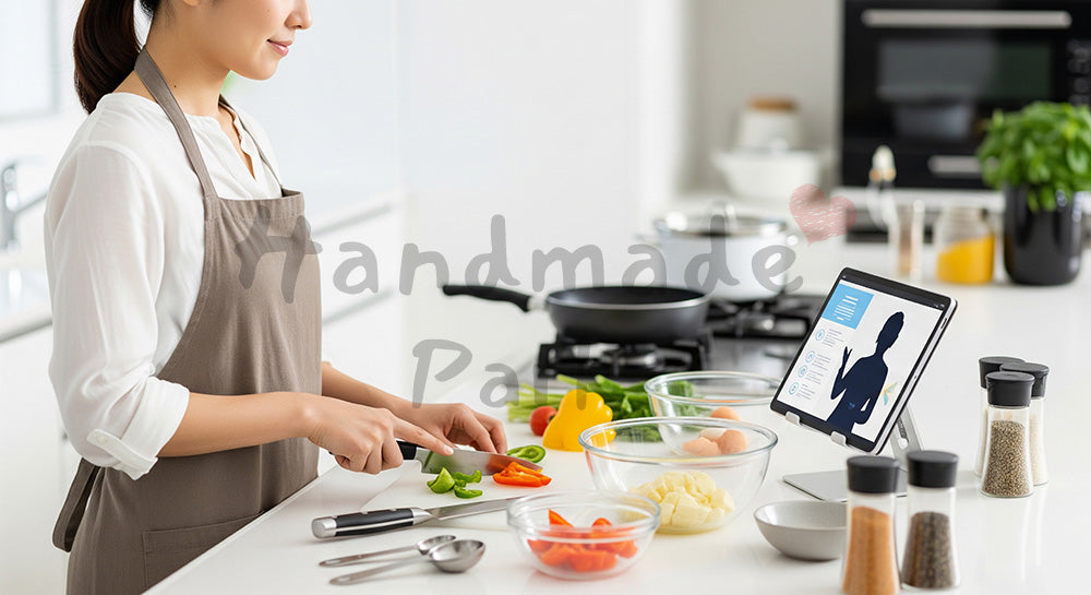 フリー素材 無料 写真｜タブレットでオンライン料理教室を受けながら自宅キッチンで調理する日本人女性