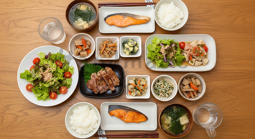 フリー素材 無料 写真｜木目テーブルに和洋折衷の家庭夕食が並ぶフラットレイ（人物なし） 余白あり