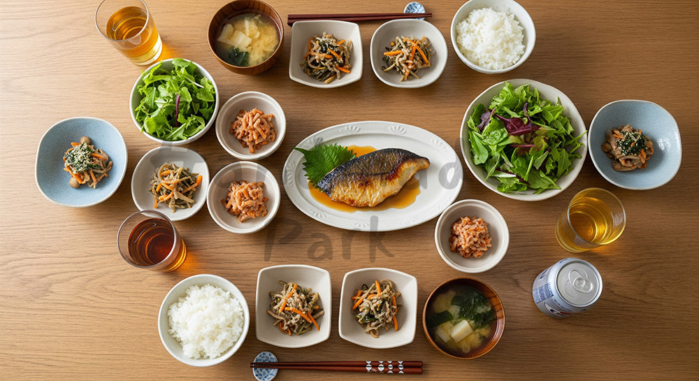 フリー素材 無料 写真｜木目テーブルに和洋折衷の家庭夕食が並ぶフラットレイ（人物なし） 背景素材