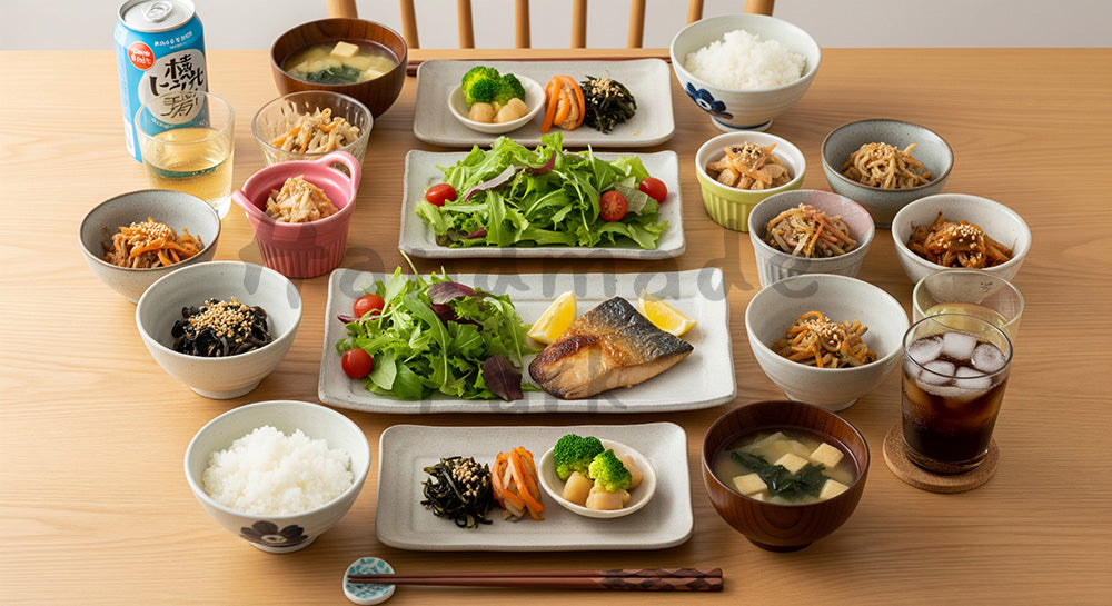 フリー素材 無料 写真｜木目テーブルに和洋折衷の家庭夕食が並ぶフラットレイ（人物なし）