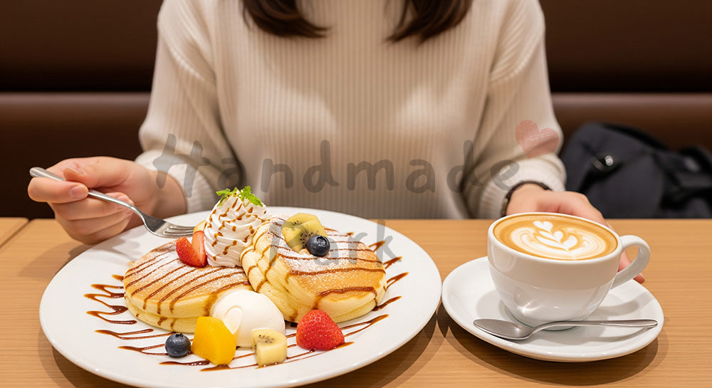 フリー素材 無料 写真｜パンケーキとカフェラテを楽しむ日本人女性のカフェスイーツシーン