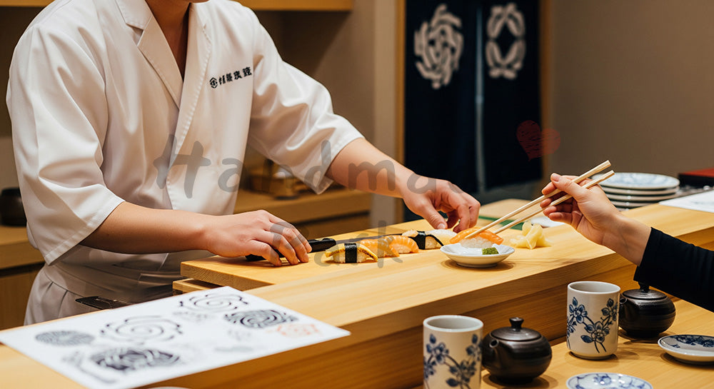フリー素材 無料 写真｜カウンター越しに握り寿司を並べる板前の手元シーン（日本風寿司店）