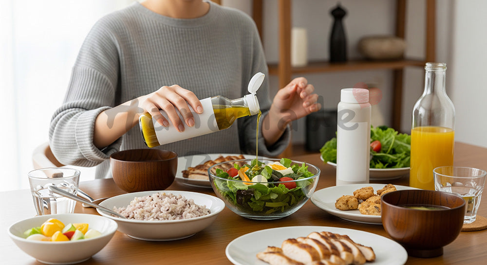 フリー素材 無料 写真｜サラダと雑穀ご飯が並ぶヘルシーな食卓でドレッシングをかける日本人女性 余白あり