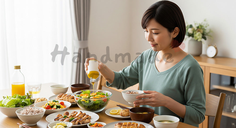 フリー素材 無料 写真｜サラダと雑穀ご飯が並ぶヘルシーな食卓でドレッシングをかける日本人女性 背景素材