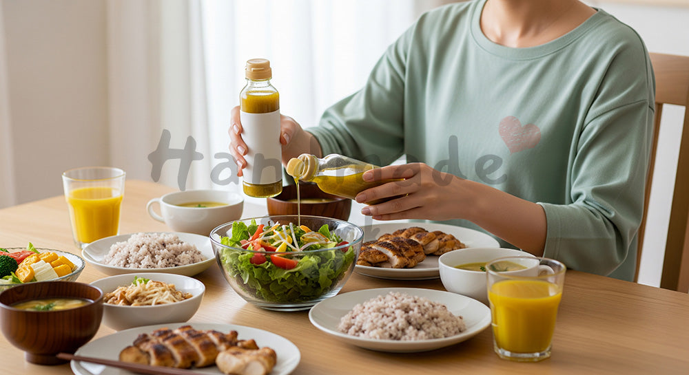 フリー素材 無料 写真｜サラダと雑穀ご飯が並ぶヘルシーな食卓でドレッシングをかける日本人女性