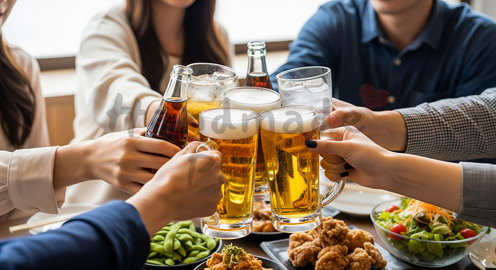 フリー素材 無料 写真｜居酒屋風テーブルでグラスを合わせて乾杯する日本人友人グループの飲み会シーン 写真背景
