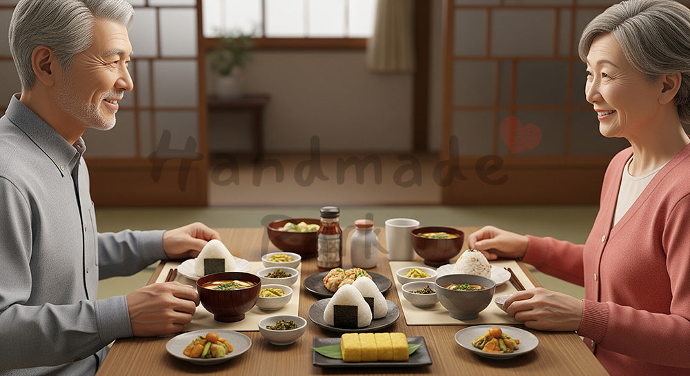 フリー素材 無料 写真｜おにぎりや味噌汁を並べた和食ランチを夫婦で囲む日本人シニア夫婦の食卓シーン 余白あり
