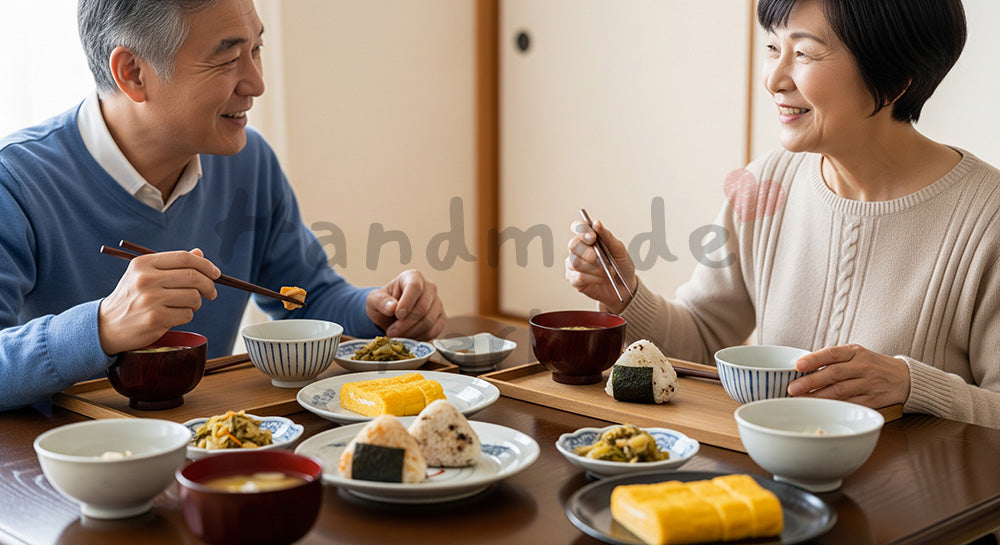 フリー素材 無料 写真｜おにぎりや味噌汁を並べた和食ランチを夫婦で囲む日本人シニア夫婦の食卓シーン 写真背景
