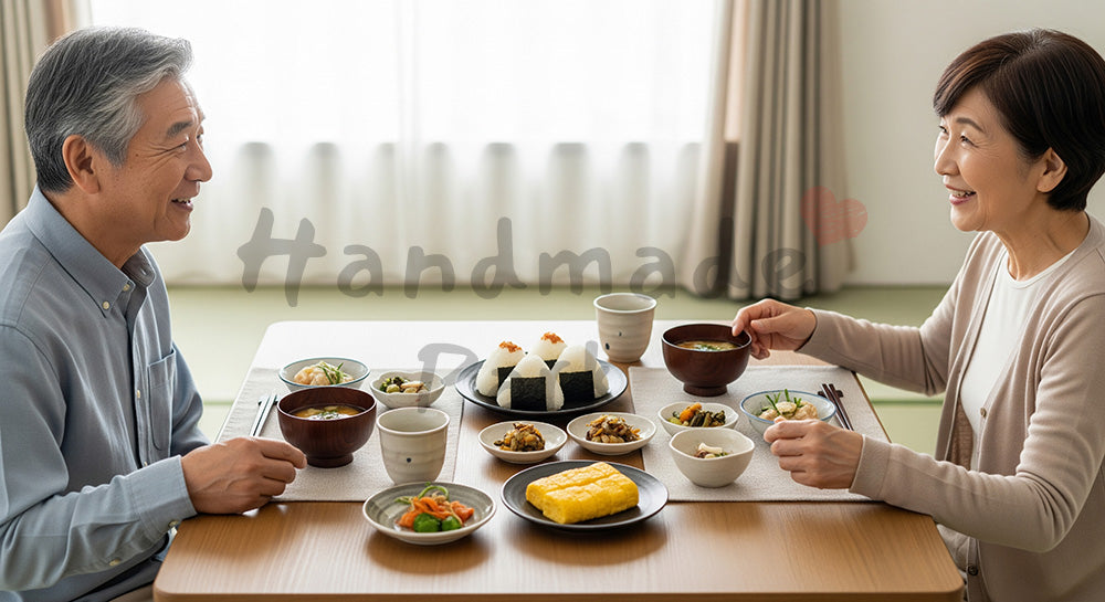 フリー素材 無料 写真｜おにぎりや味噌汁を並べた和食ランチを夫婦で囲む日本人シニア夫婦の食卓シーン