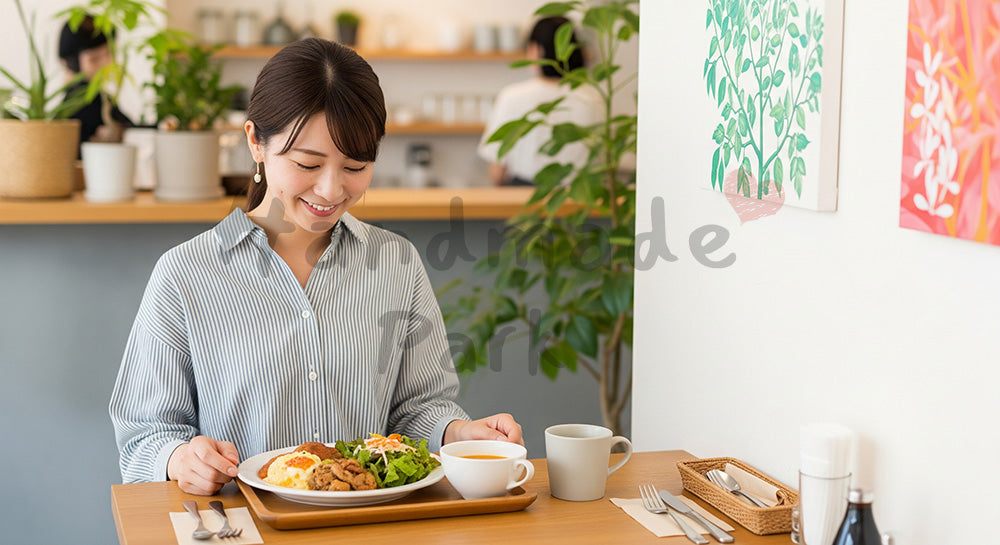 フリー素材 無料 写真｜カフェでプレートランチを楽しむ20代日本人女性のランチタイム 写真背景
