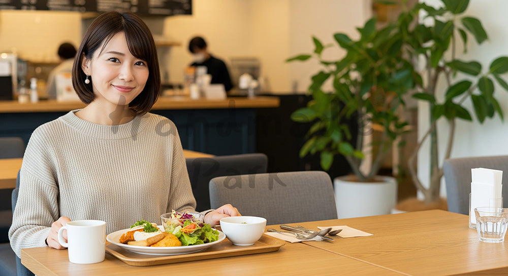 フリー素材 無料 写真｜カフェでプレートランチを楽しむ20代日本人女性のランチタイム
