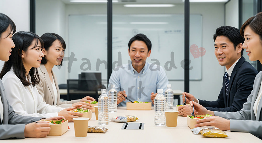 フリー素材 無料 写真｜会議室テーブルでランチボックスを囲む日本人ビジネスパーソンたち 背景素材