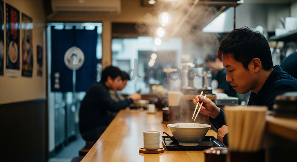フリー素材 無料 写真｜カウンターでラーメンどんぶりにトッピングを載せる日本人男性の手元シーン 写真背景