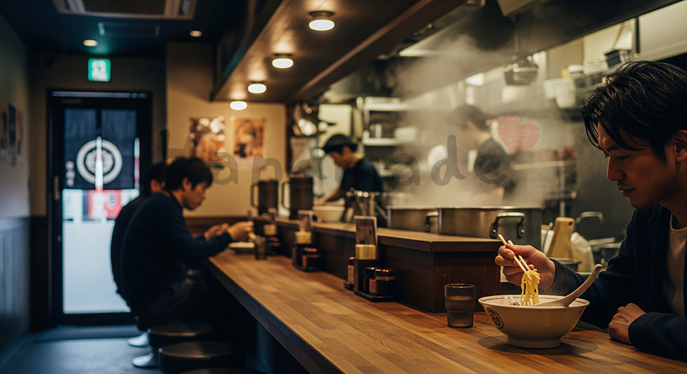 フリー素材 無料 写真｜カウンターでラーメンどんぶりにトッピングを載せる日本人男性の手元シーン 背景素材