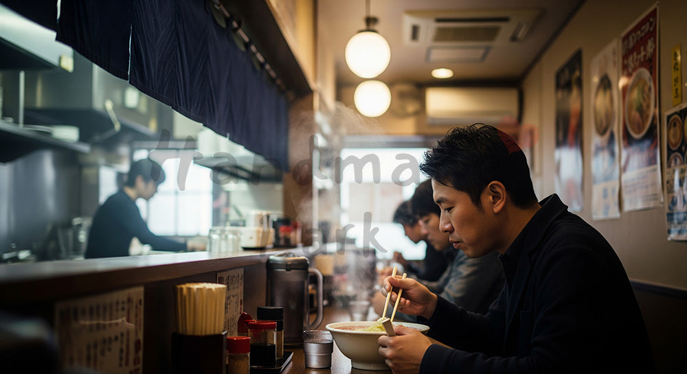 フリー素材 無料 写真｜カウンターでラーメンどんぶりにトッピングを載せる日本人男性の手元シーン