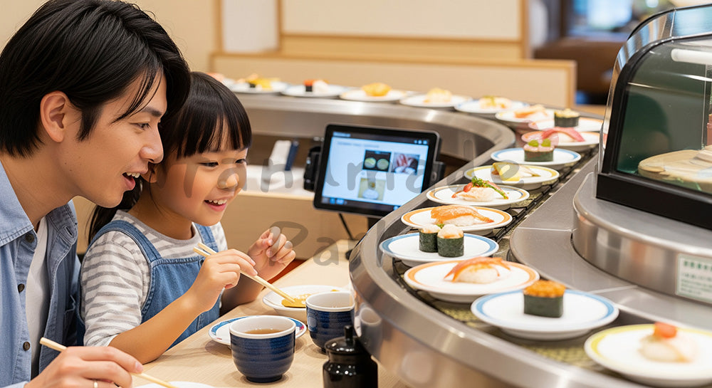 フリー素材 無料 写真｜回転寿司レーンを見ながら皿を選ぶ日本人親子の外食シーン 余白あり