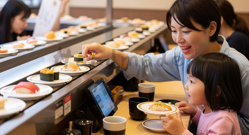 フリー素材 無料 写真｜回転寿司レーンを見ながら皿を選ぶ日本人親子の外食シーン 背景素材