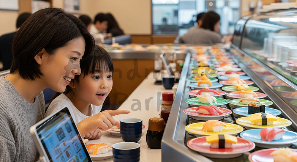フリー素材 無料 写真｜回転寿司レーンを見ながら皿を選ぶ日本人親子の外食シーン