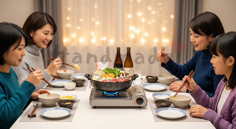 フリー素材 無料 写真｜卓上鍋を囲んで家族団らんする日本人家庭の冬の夕食シーン 余白あり