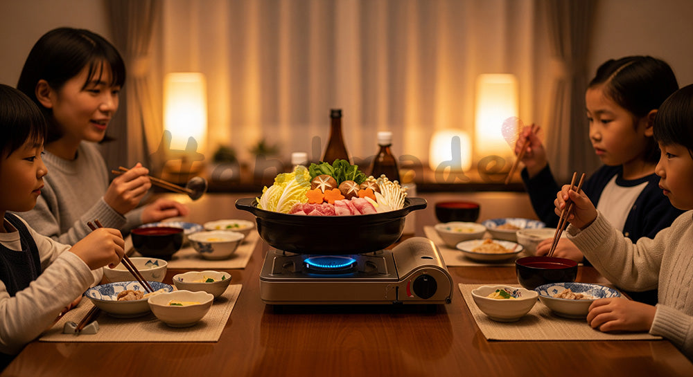 フリー素材 無料 写真｜卓上鍋を囲んで家族団らんする日本人家庭の冬の夕食シーン 写真背景