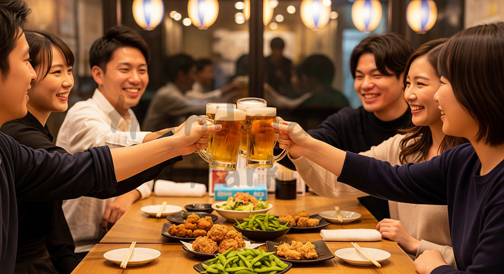 フリー素材 無料 写真｜居酒屋風のテーブルで乾杯する日本人友人グループの飲み会シーン 余白あり