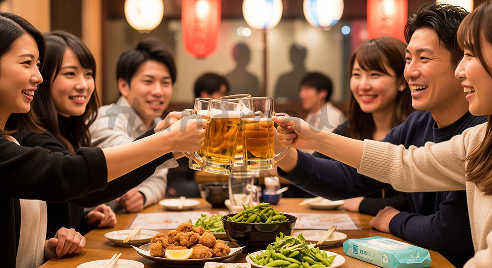 フリー素材 無料 写真｜居酒屋風のテーブルで乾杯する日本人友人グループの飲み会シーン 写真背景