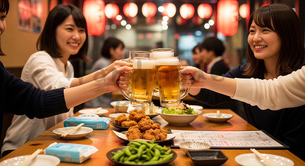 フリー素材 無料 写真｜居酒屋風のテーブルで乾杯する日本人友人グループの飲み会シーン