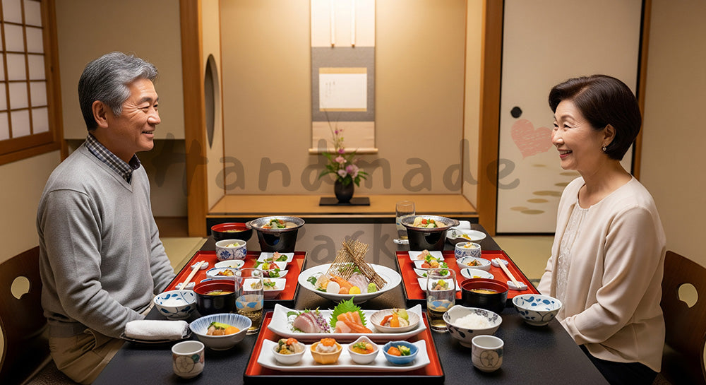 フリー素材 無料 写真｜和食レストランの個室で会席風料理を楽しむ日本人シニア夫婦 余白あり