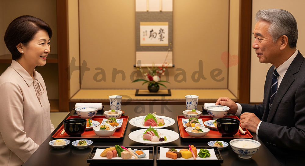 フリー素材 無料 写真｜和食レストランの個室で会席風料理を楽しむ日本人シニア夫婦 写真背景
