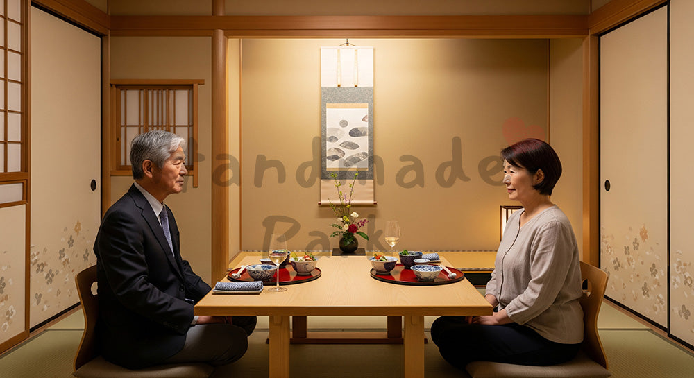 フリー素材 無料 写真｜和食レストランの個室で会席風料理を楽しむ日本人シニア夫婦 背景素材