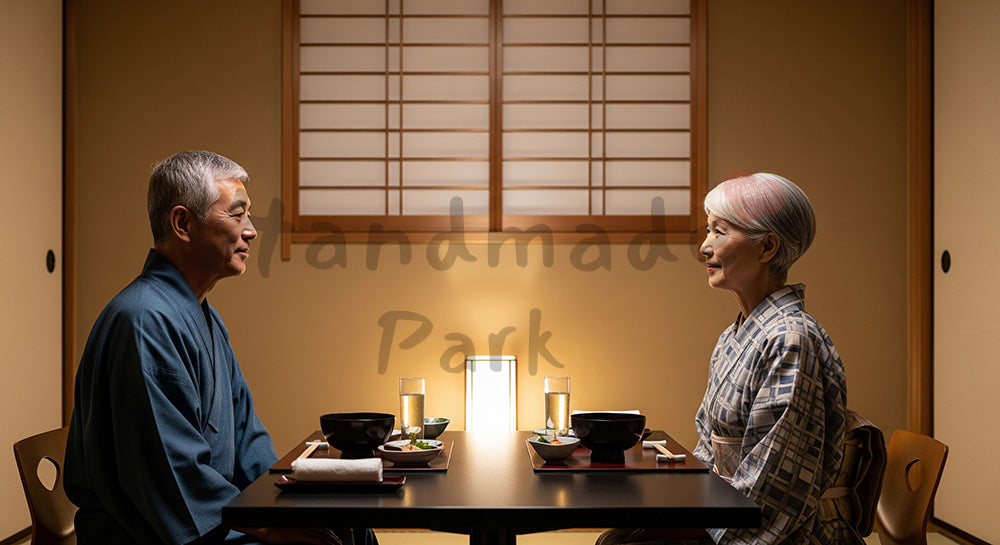 フリー素材 無料 写真｜和食レストランの個室で会席風料理を楽しむ日本人シニア夫婦