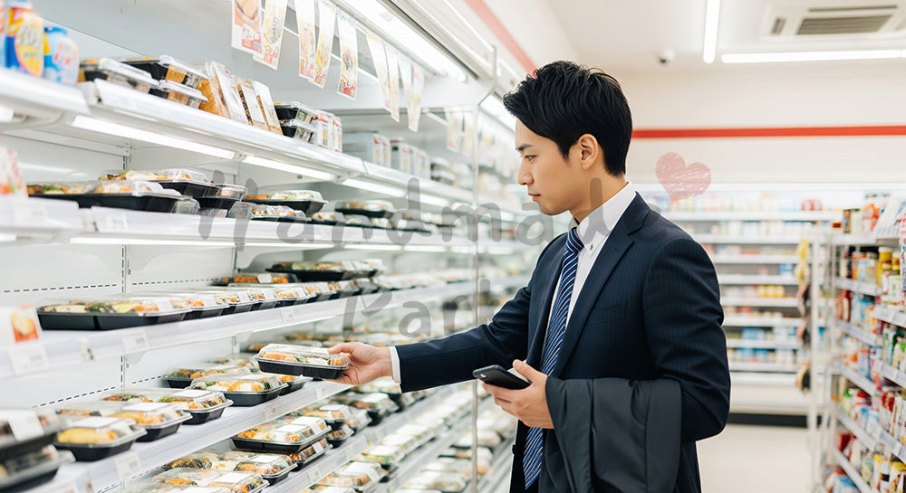 フリー素材 無料 写真｜コンビニ弁当コーナーでランチを選ぶ日本人会社員のシーン 余白あり