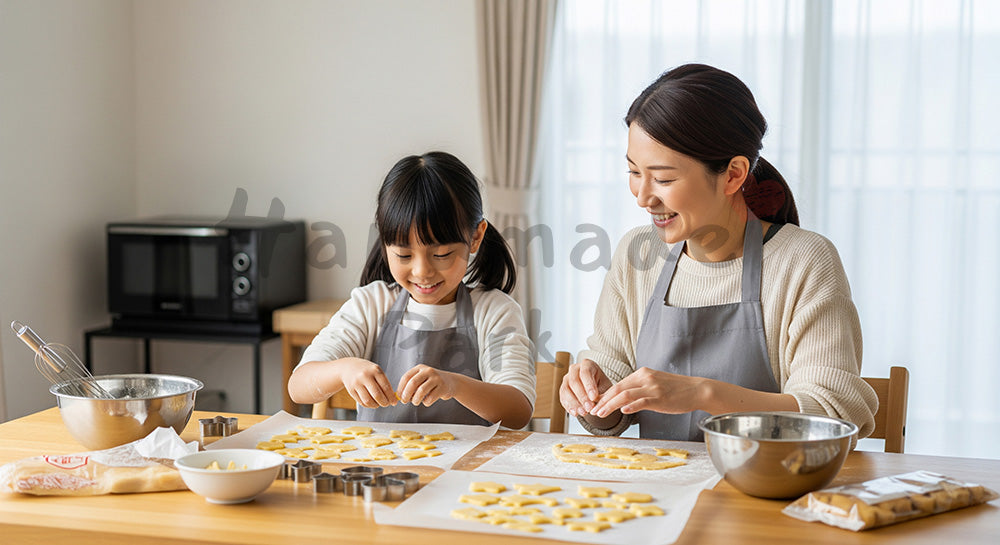 フリー素材 無料 写真｜ダイニングテーブルで親子クッキー作りを楽しむ日本人母子 余白あり