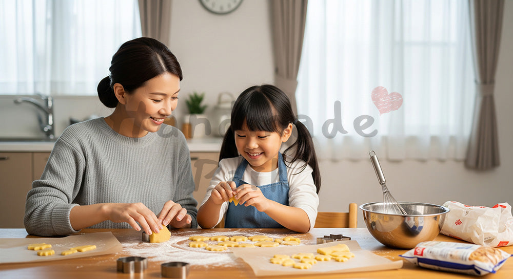 フリー素材 無料 写真｜ダイニングテーブルで親子クッキー作りを楽しむ日本人母子 写真背景